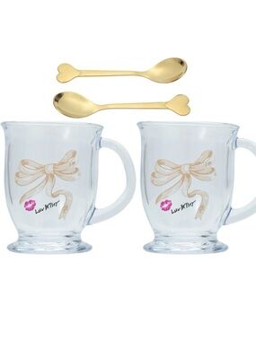 Betsey Johnson Glass Mug Gift Set Bow Lip Print Gold Heart Spoons NIB